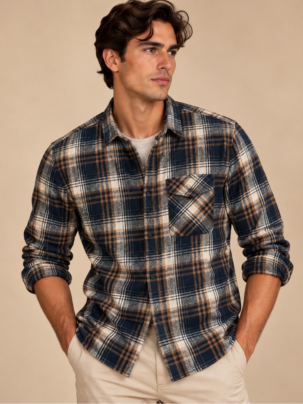 Manfinity Navy Brown Plaid Flannel Shacket Shirt Jacket M